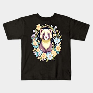 Cute Ferret with Floral Elements in Watercolor art Kids T-Shirt